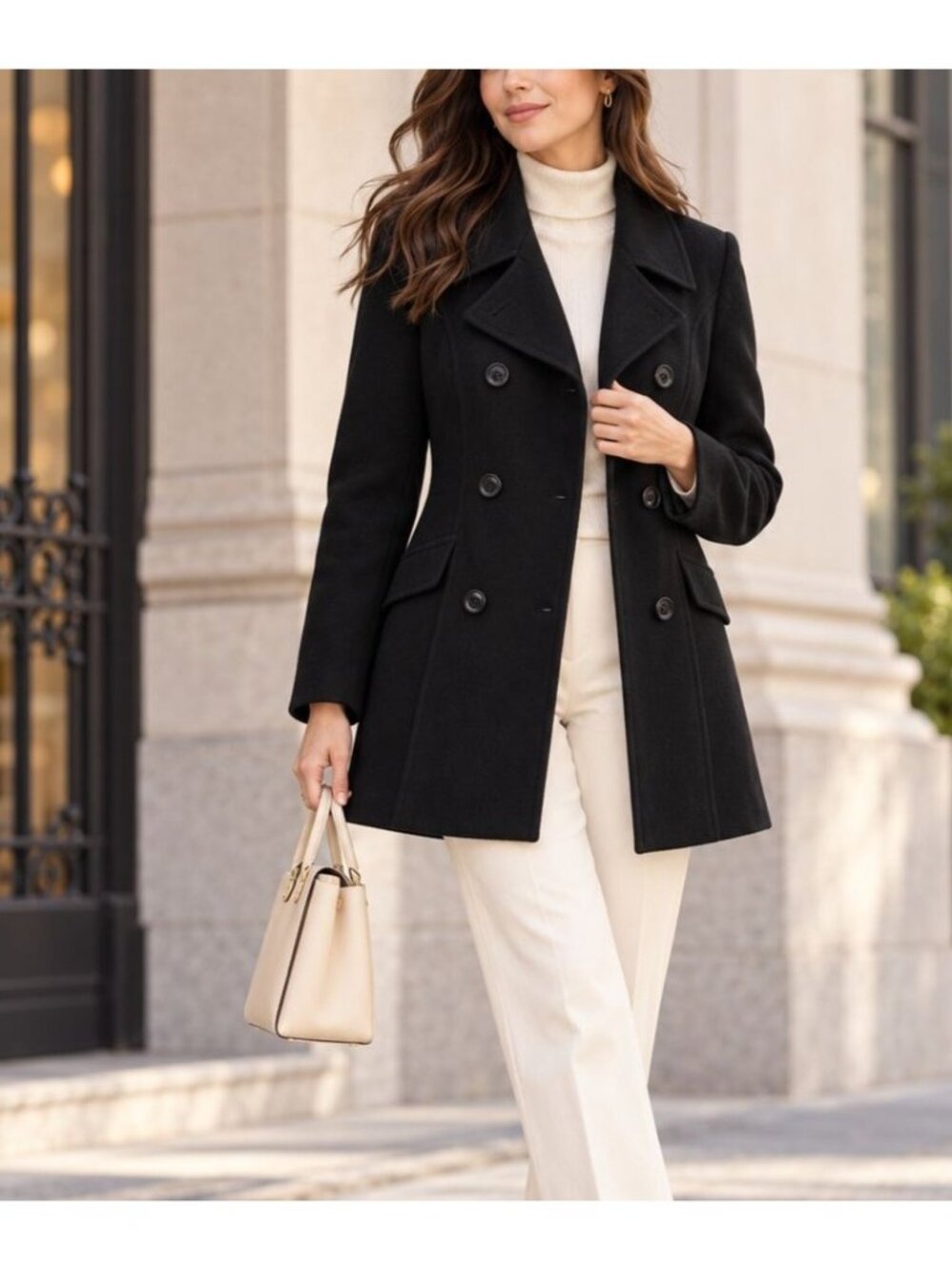 Sutton Studio for Bloomingdale’s 100% Cashmere Black Peacoat Double Breasted